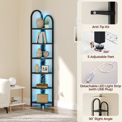 HOOBRO 6 Tier Corner Shelf with LED Light, Narrow Display Bookcase with Storage Rack for Wall Corner, Living Room, Bedroom, Home Office, Black