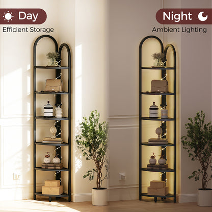 HOOBRO 6 Tier Corner Shelf with LED Light, Narrow Display Bookcase with Storage Rack for Wall Corner, Living Room, Bedroom, Home Office, Black