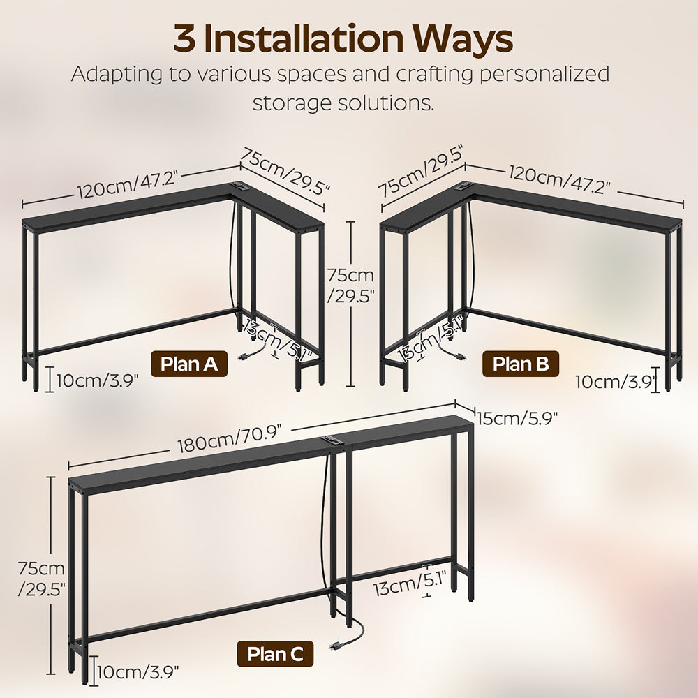 HOOBRO Narrow Console Table with Outlets, 70.9" Sofa Table Narrow Long, L Shaped Behind Couch Entryway Table with Charging Station, for Living Room, Hallway, 3 Assembly Options, Black