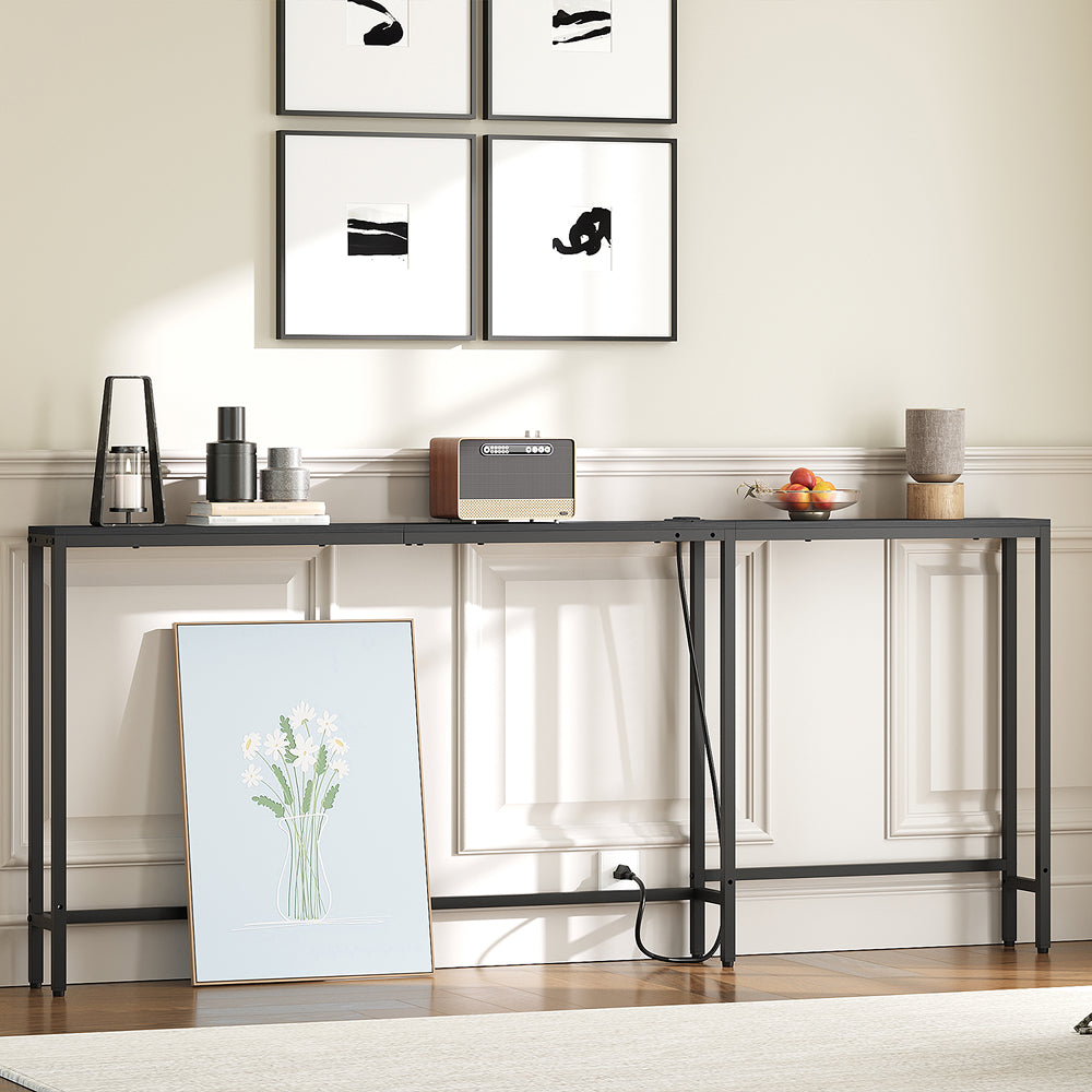 HOOBRO Narrow Console Table with Outlets, 70.9" Sofa Table Narrow Long, L Shaped Behind Couch Entryway Table with Charging Station, for Living Room, Hallway, 3 Assembly Options, Black