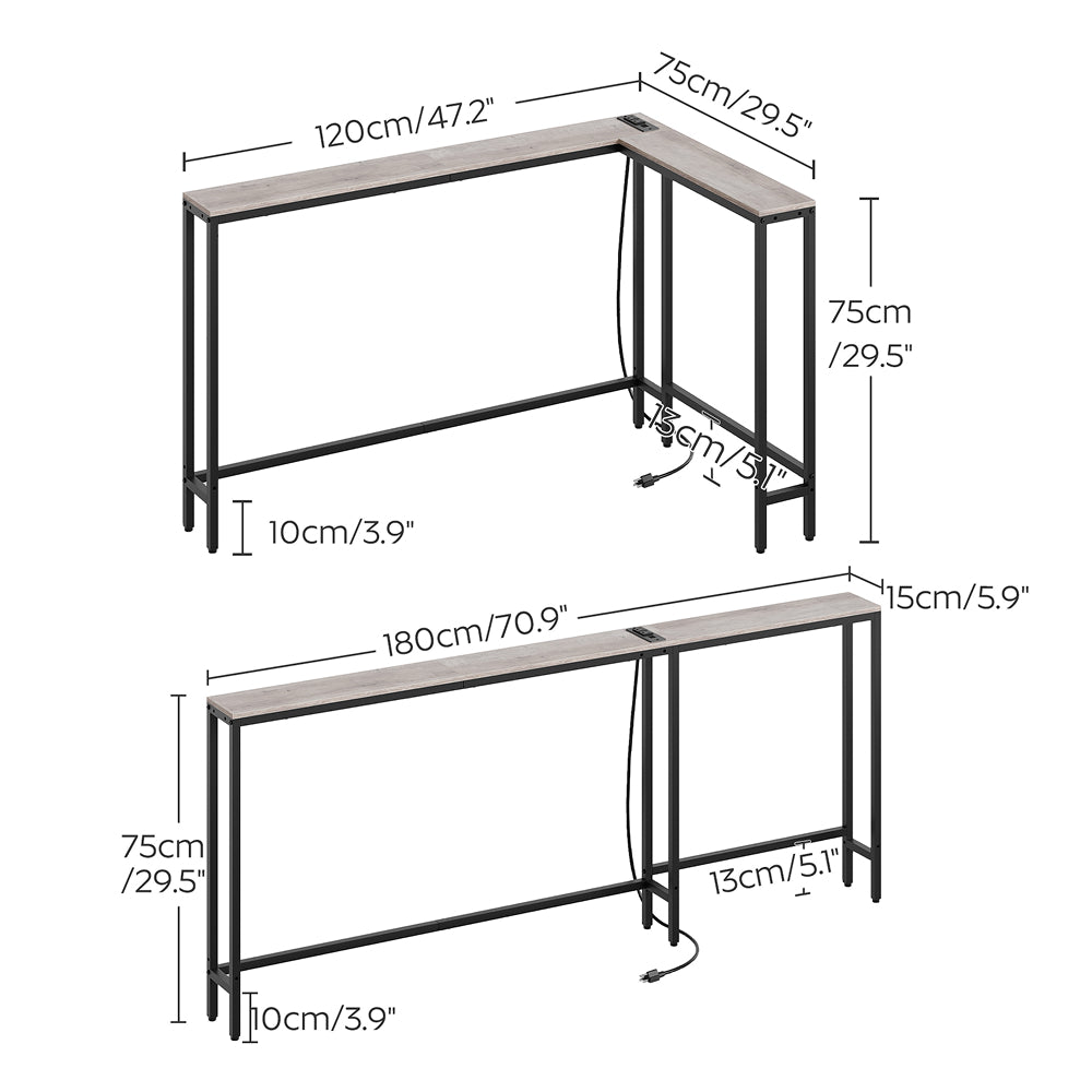 HOOBRO Narrow Console Table with Outlets, 70.9" Sofa Table Narrow Long, L Shaped Behind Couch Entryway Table with Charging Station, for Living Room, Hallway, Greige