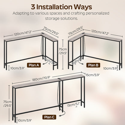 HOOBRO Narrow Console Table with Outlets, 70.9" Sofa Table Narrow Long, L Shaped Behind Couch Entryway Table, for Living Room, Hallway,Greige