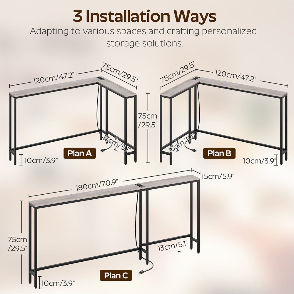 HOOBRO Narrow Console Table with Outlets, 70.9" Sofa Table Narrow Long, L Shaped Behind Couch Entryway Table with Charging Station, for Living Room, Hallway, Greige