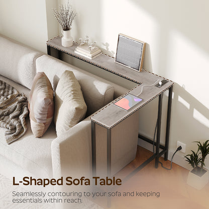 HOOBRO Narrow Console Table with Outlets, 70.9" Sofa Table Narrow Long, L Shaped Behind Couch Entryway Table, for Living Room, Hallway,Greige