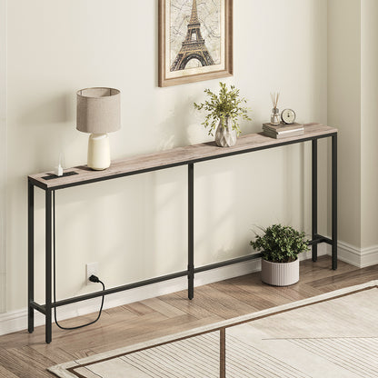 HOOBRO Console Table with Power Outlet, Industrial Entryway Table with USB Ports, Behind Couch for Entryway, Hallway, Foyer, Living Room, Greige