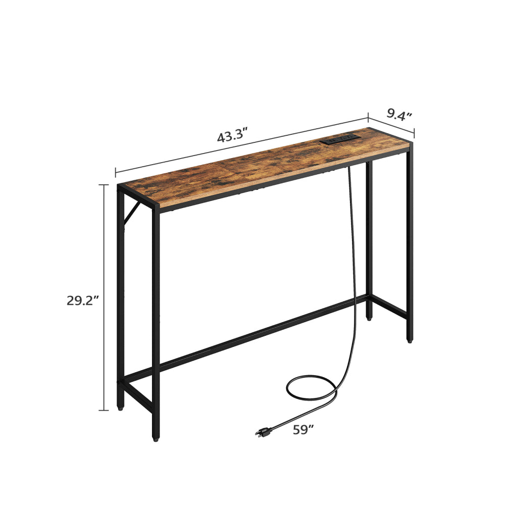 HOOBRO Narrow Console Table, 43.7" Sofa Table with Outlets, Rustic Brown