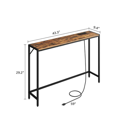 HOOBRO Narrow Console Table, 43.7" Sofa Table with Outlets, Rustic Brown