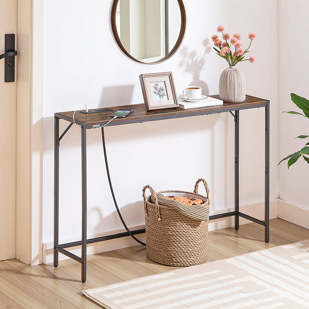 HOOBRO Narrow Console Table, 43.7" Sofa Table with Outlets, Rustic Brown