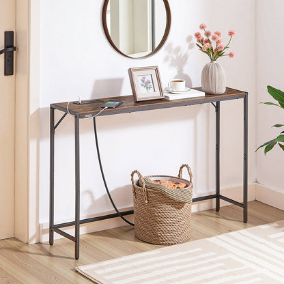 HOOBRO Narrow Console Table, 43.7" Sofa Table with Outlets, Rustic Brown