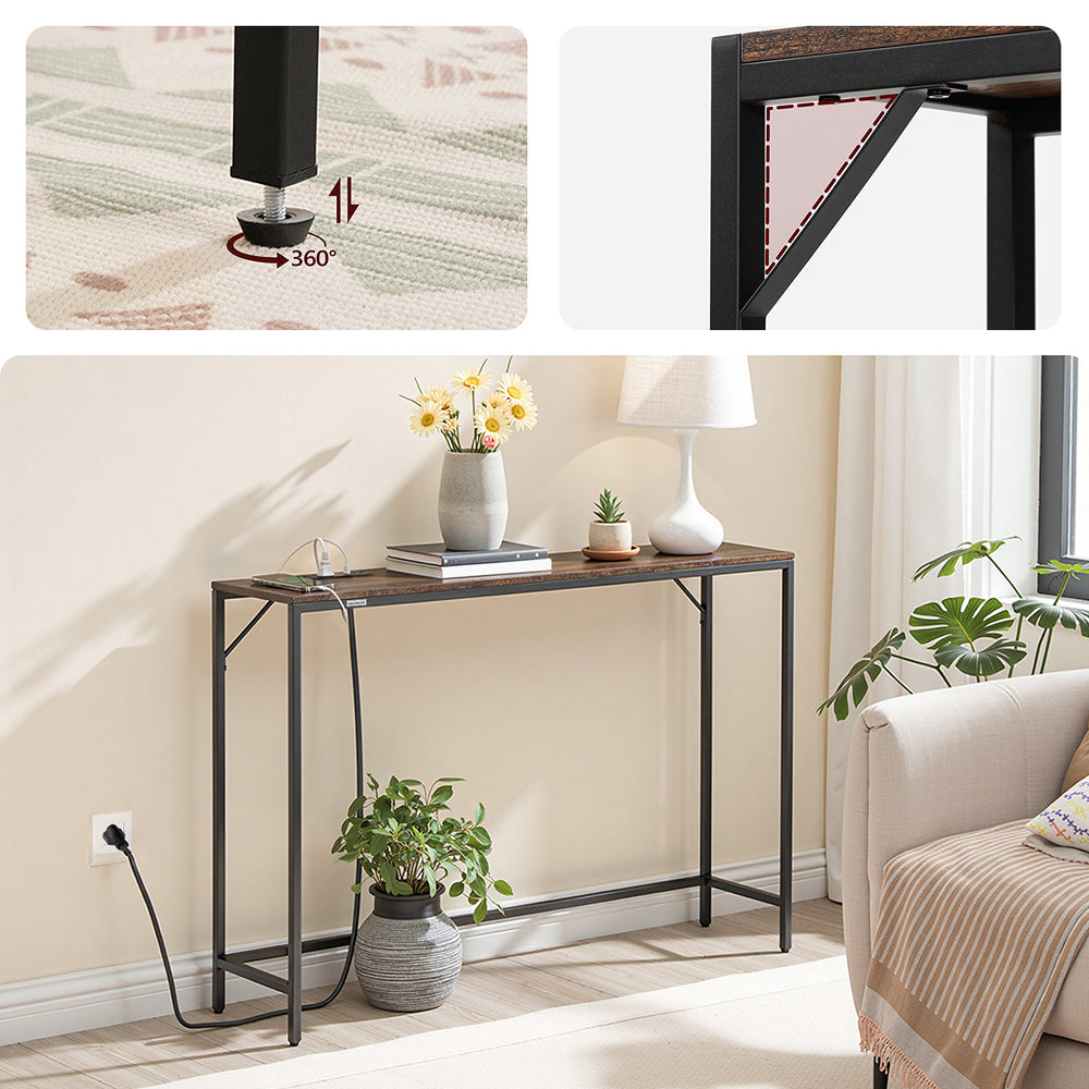 HOOBRO Narrow Console Table, 43.7" Sofa Table with Outlets, Rustic Brown