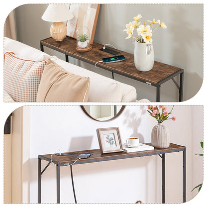 HOOBRO Narrow Console Table, 43.7" Sofa Table with Outlets, Rustic Brown