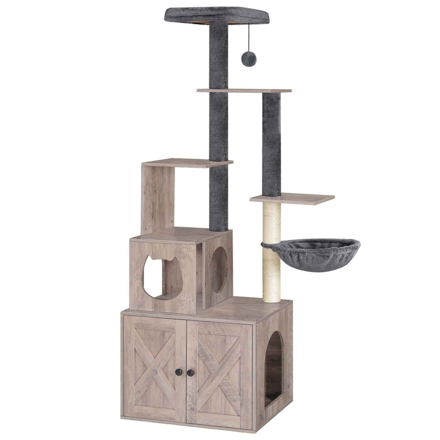 Cat tree with multiple levels, shelves, and a scratching post on a white background