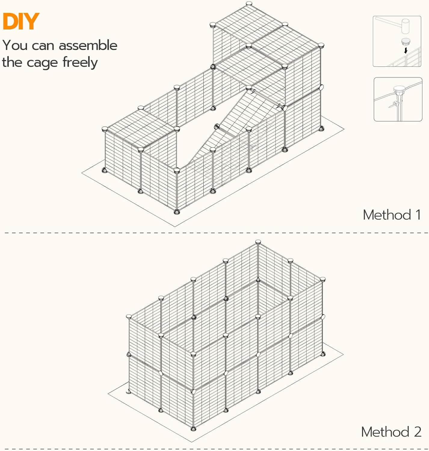 Diagram showing two methods to assemble a DIY wire cage.