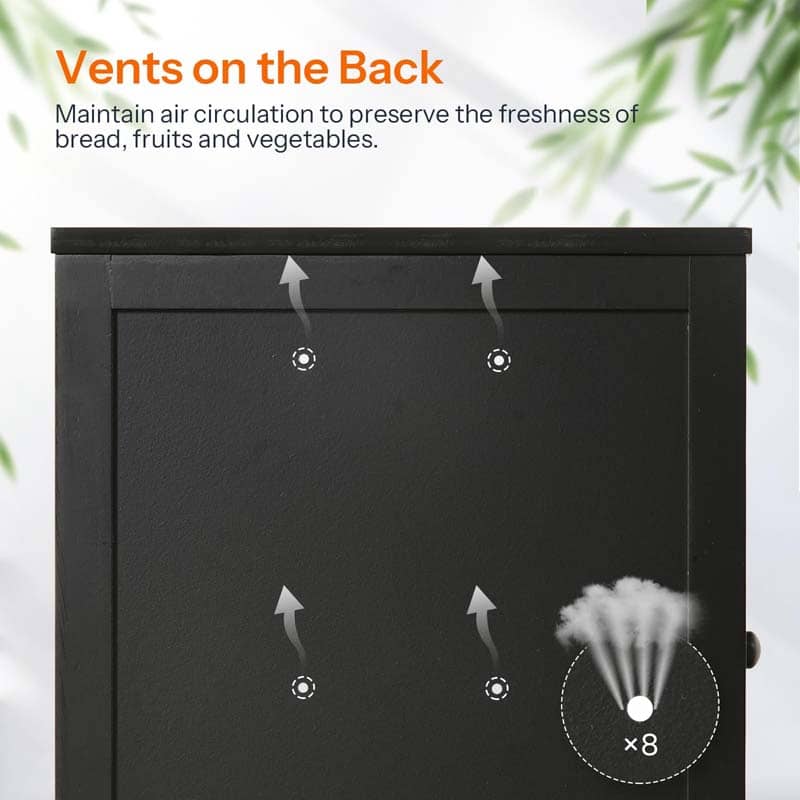 Black refrigerator with vent system on the back, showing air circulation arrows and text about preserving freshness.