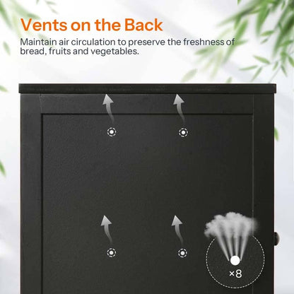 Black refrigerator with vent system on the back, showing air circulation arrows and text about preserving freshness.