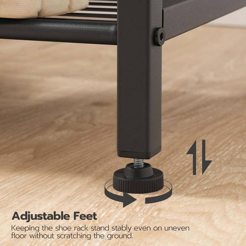 Close up of the sturdy matte black metal leg frame showing a 360-degree rotating adjustable leveling feet peg.