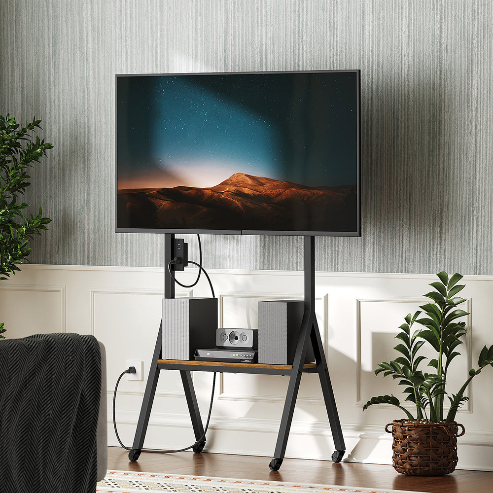 HOOBRO Rolling TV Stand for 50" TVs with Power Outlets, TV Cart with Swivel Mount, for Living Room, Conference Room, Bedroom, Rustic Brown and Black