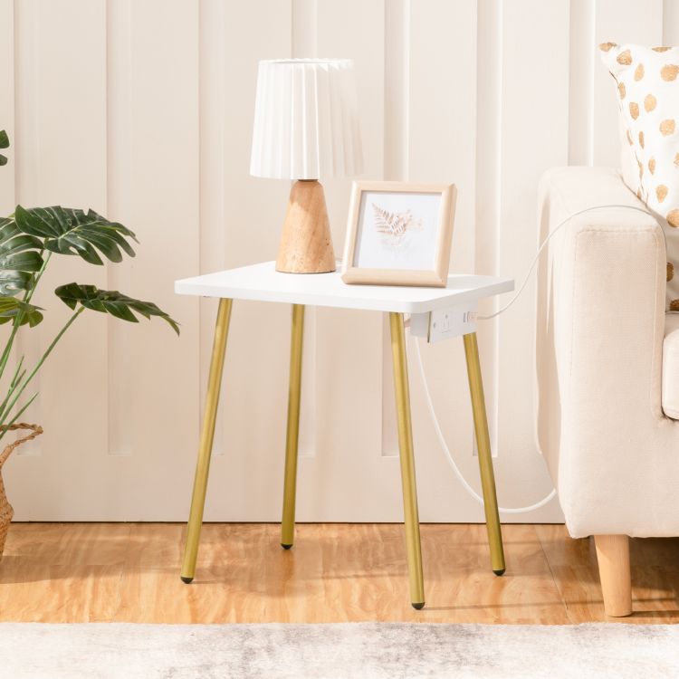 HOOBRO Side Table with Charging Station, Small White Table End Table for Home Decor in Living Room, Bedroom, Balcony White and Gold