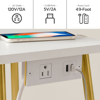HOOBRO Side Table with Charging Station, Small White Table End Table for Home Decor in Living Room, Bedroom, Balcony White and Gold
