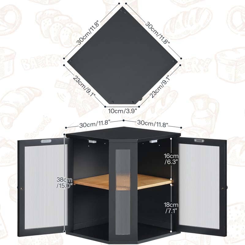 Black corner cabinet with dimensions indicated on a light background