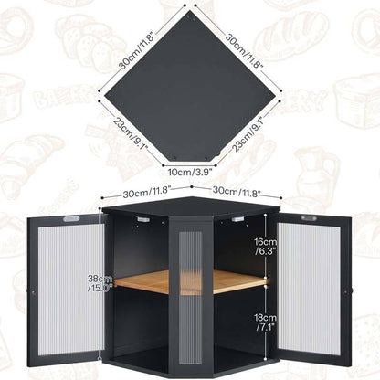 Black corner cabinet with dimensions indicated on a light background