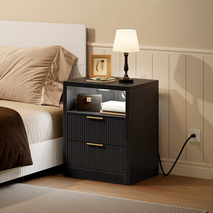HOOBRO Nightstand, Modern Side Table Fluted Fronts, with Open Cubby, for Small Spaces, Bedroom, Living Room, Office, Black