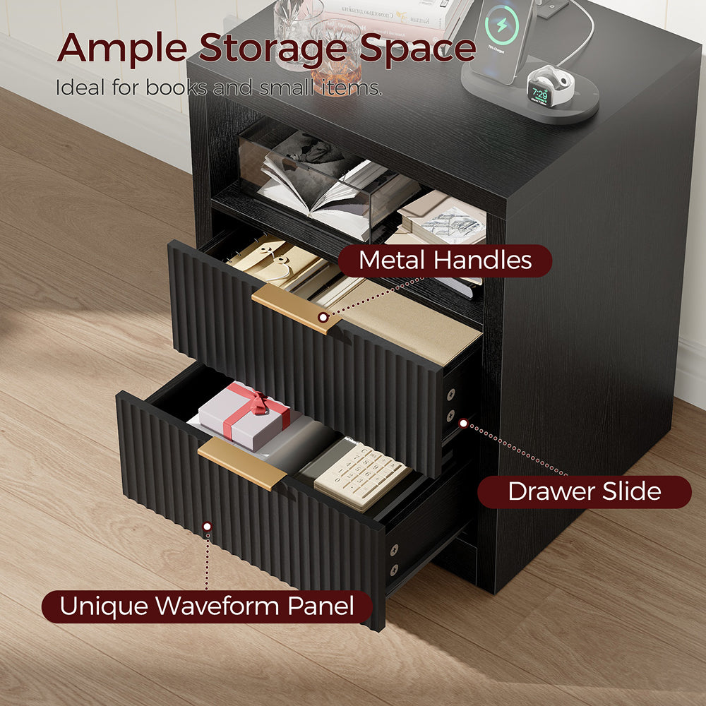 HOOBRO Nightstand, Modern Side Table Fluted Fronts, with Open Cubby, for Small Spaces, Bedroom, Living Room, Office, Black