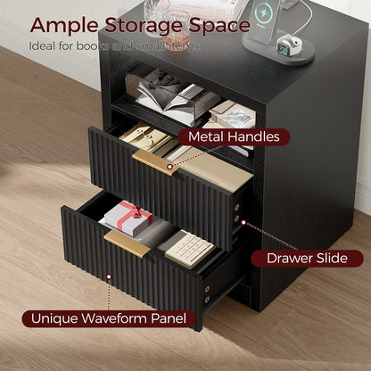 HOOBRO Nightstand, Modern Side Table Fluted Fronts, with Open Cubby, for Small Spaces, Bedroom, Living Room, Office, Black