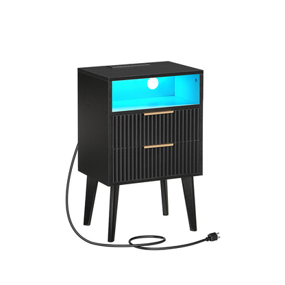 HOOBRO End Table, Fluted Nightstand with Charging Station and LED Lights, Modern Side Table with 2 Drawers and 1 Open Compartment, for Living Room, Bedroom, Study, Office, Black