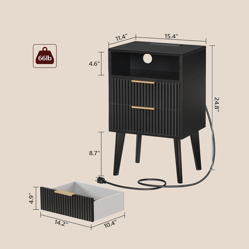 HOOBRO End Table, Fluted Nightstand with Charging Station and LED Lights, Modern Side Table with 2 Drawers and 1 Open Compartment, for Living Room, Bedroom, Study, Office, Black