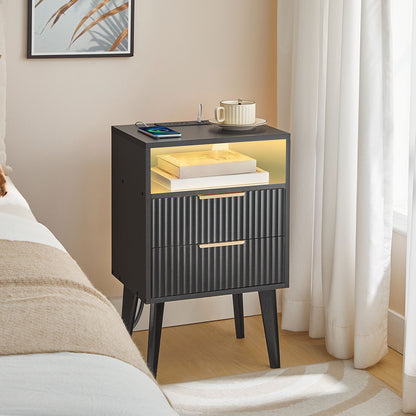HOOBRO End Table, Fluted Nightstand with Charging Station and LED Lights, Modern Side Table with 2 Drawers and 1 Open Compartment, for Living Room, Bedroom, Study, Office, Black