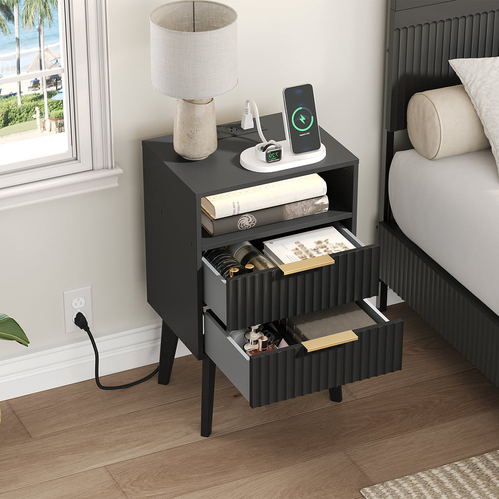 HOOBRO End Table, Fluted Nightstand with Charging Station and LED Lights, Modern Side Table with 2 Drawers and 1 Open Compartment, for Living Room, Bedroom, Study, Office, Black