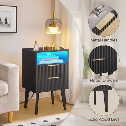 HOOBRO End Table, Fluted Nightstand with Charging Station and LED Lights, Modern Side Table with 2 Drawers and 1 Open Compartment, for Living Room, Bedroom, Study, Office, Black