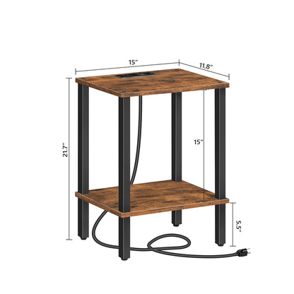 HOOBRO Narrow Side Table with Charging Station, 2-Tier End Table with Outlet & USB Ports,for Small Space, Living Room, Bedroom, Rustic Brown