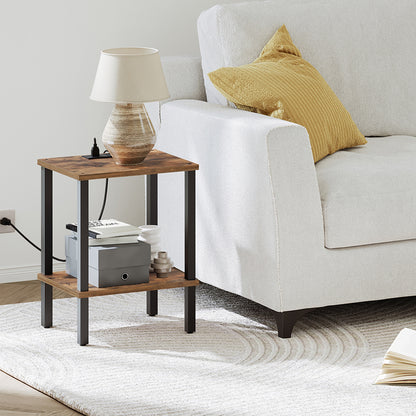 HOOBRO Narrow Side Table with Charging Station, 2-Tier End Table with Outlet & USB Ports,for Small Space, Living Room, Bedroom, Rustic Brown