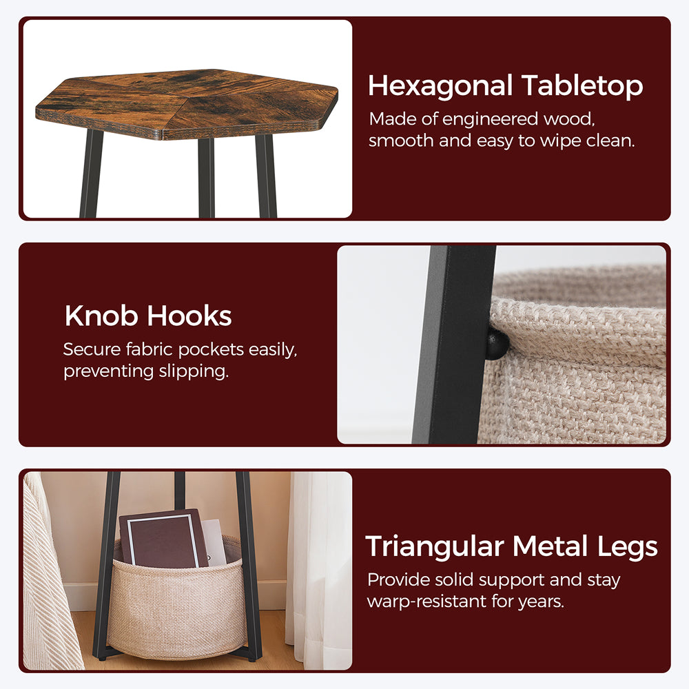 HOOBRO Side Table with Fabric Basket,Hexagonal Bedside Table, Coffee Tables for Living Room, Bedroom, Rustic Brown