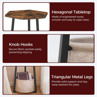 HOOBRO Side Table with Fabric Basket,Hexagonal Bedside Table, Coffee Tables for Living Room, Bedroom, Rustic Brown