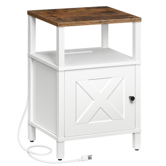 MAHANCRIS Farmhouse Nightstand with Charging Station, White Bedside Table with USB&Type-C Ports and Outlets, End Table with Storage, Night Stand for Bedroom