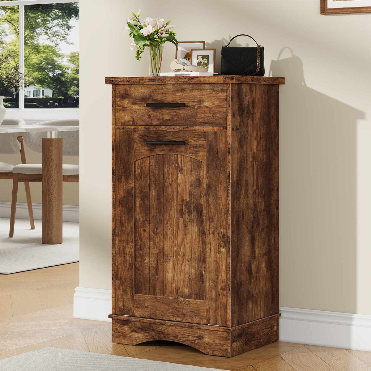 HOOBRO Tilt-Out Trash Can Cabinet with Storage Drawer, Wooden Laundry Hamper
