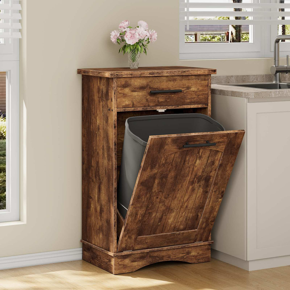 HOOBRO Tilt-Out Trash Can Cabinet with Storage Drawer, Wooden Laundry Hamper