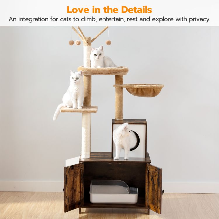 HOOBRO Cat Tree with Litter Box Enclosure for Indoor Cats, Wooden Cat Condo with Scratching Posts, Cat Litter Box Furniture Hidden, All-in-One Cat Toy with Cat House