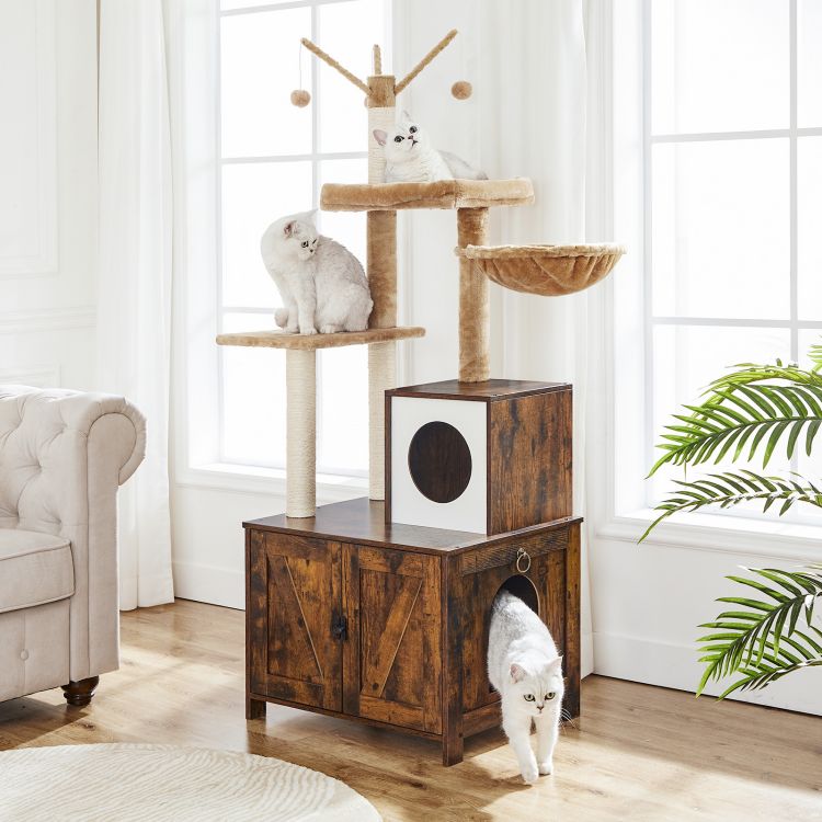 HOOBRO Cat Tree with Litter Box Enclosure for Indoor Cats, Wooden Cat Condo with Scratching Posts, Cat Litter Box Furniture Hidden, All-in-One Cat Toy with Cat House