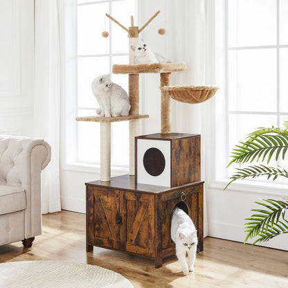HOOBRO Cat Tree with Litter Box Enclosure for Indoor Cats, Wooden Cat Condo with Scratching Posts, Cat Litter Box Furniture Hidden, All-in-One Cat Toy with Cat House