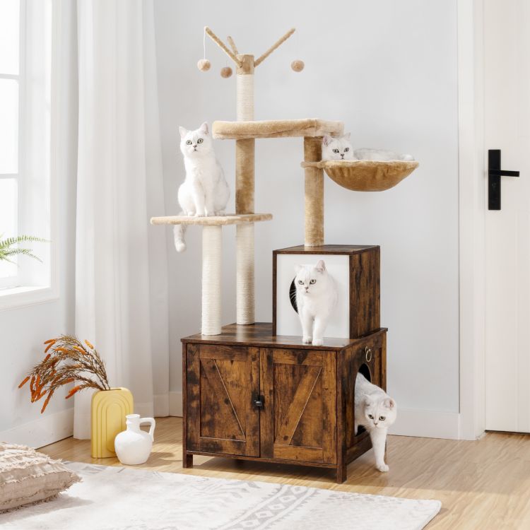 HOOBRO Cat Tree with Litter Box Enclosure for Indoor Cats, Wooden Cat Condo with Scratching Posts, Cat Litter Box Furniture Hidden, All-in-One Cat Toy with Cat House