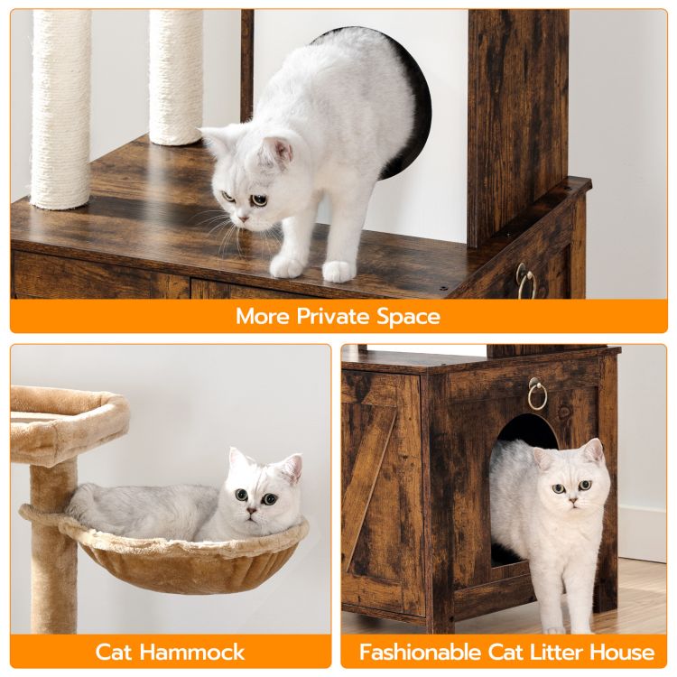 HOOBRO Cat Tree with Litter Box Enclosure for Indoor Cats, Wooden Cat Condo with Scratching Posts, Cat Litter Box Furniture Hidden, All-in-One Cat Toy with Cat House
