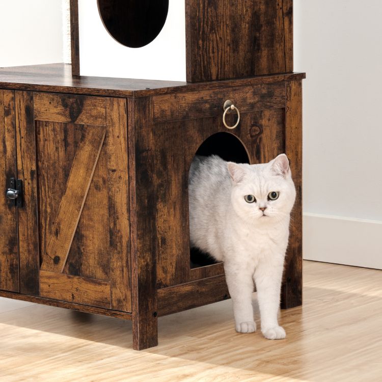 HOOBRO Cat Tree with Litter Box Enclosure for Indoor Cats, Wooden Cat Condo with Scratching Posts, Cat Litter Box Furniture Hidden, All-in-One Cat Toy with Cat House