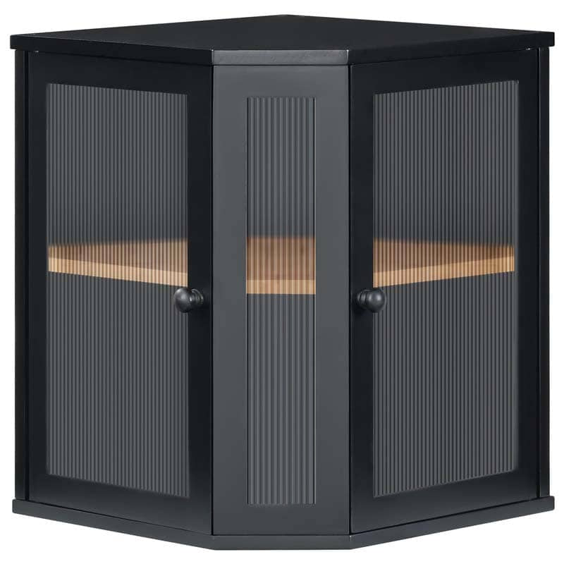 A black corner cabinet with two ribbed glass doors and a single wood shelf, shown on a plain white background.
