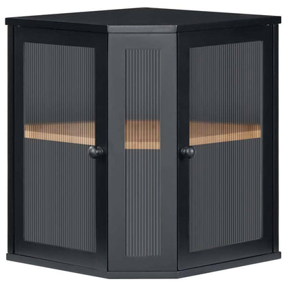 A black corner cabinet with two ribbed glass doors and a single wood shelf, shown on a plain white background.