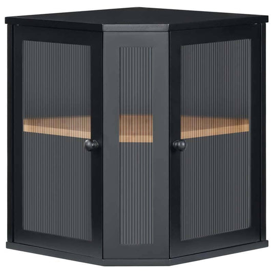 A black corner cabinet with two ribbed glass doors and a single wood shelf, shown on a plain white background.