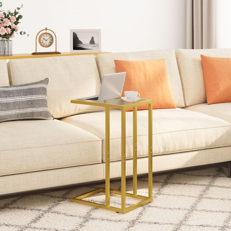 HOOBRO C Shaped End Table, Tempered Glass Side Table, Under Sofa Table, Small Coffee Snack Table for Small Spaces, Laptop End Table for Living Room, Bedside Table, Metal Frame